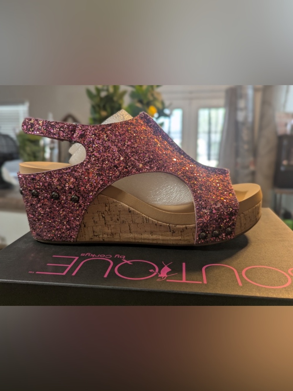 Corkys Pink Glitter Cork Platform Wedge Sandal